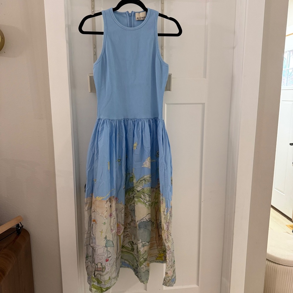 ALÉMAIS Anouk Tank Midi Dress Blue Beach Scene Print US 4 Coastal Boho Maxmalist